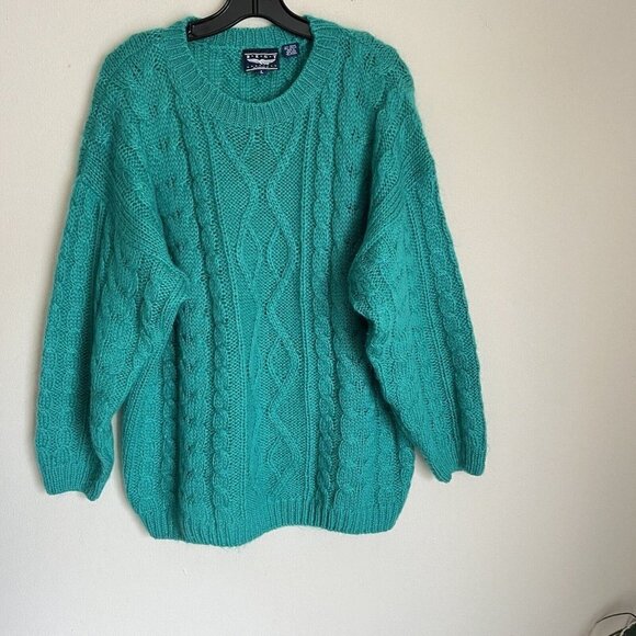 Vintage 80s 90s Chunky Cable Knit Fisherman Mohair Blend Sweater L Emerald Green - Picture 1 of 5